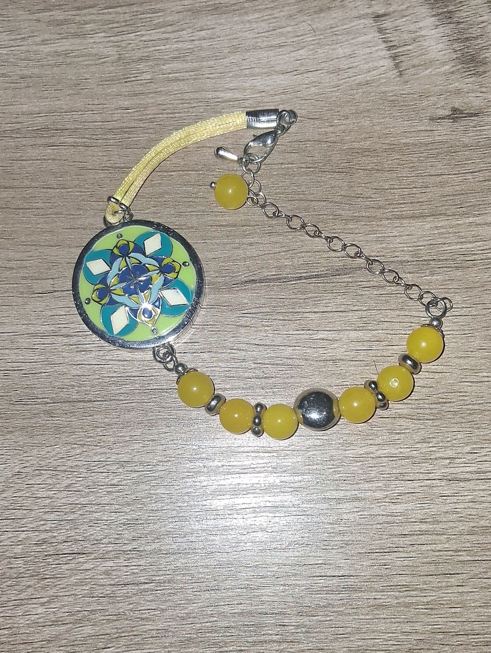 Yellow Beaded Women's Bracelet with Enamel Medallion